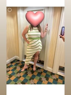 Flying Tomato Cream and Green Striped Asymmetric Midi Dress